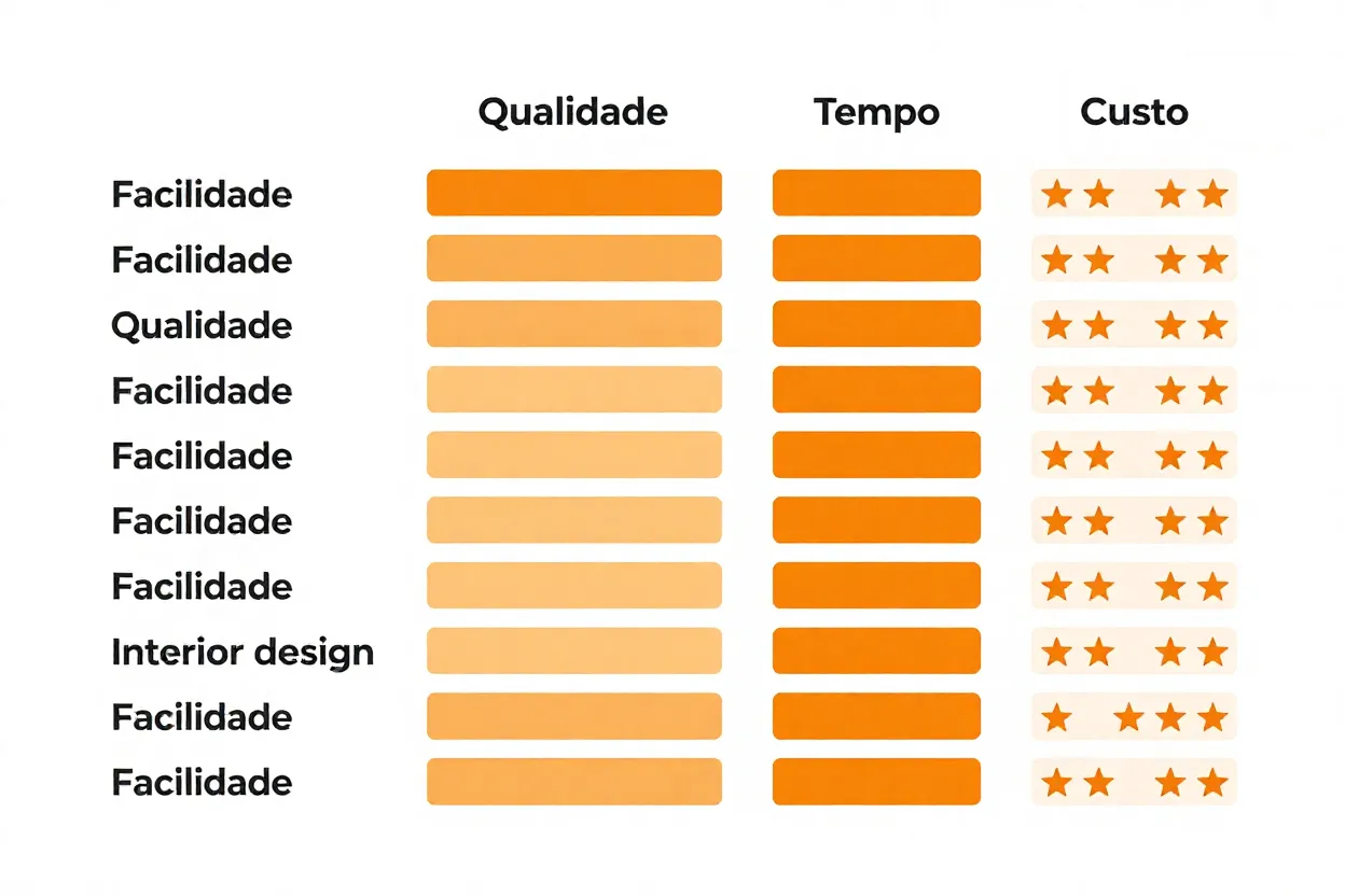 Tabela comparativa das 5 ferramentas com notas em facilidade, qualidade, tempo e custo