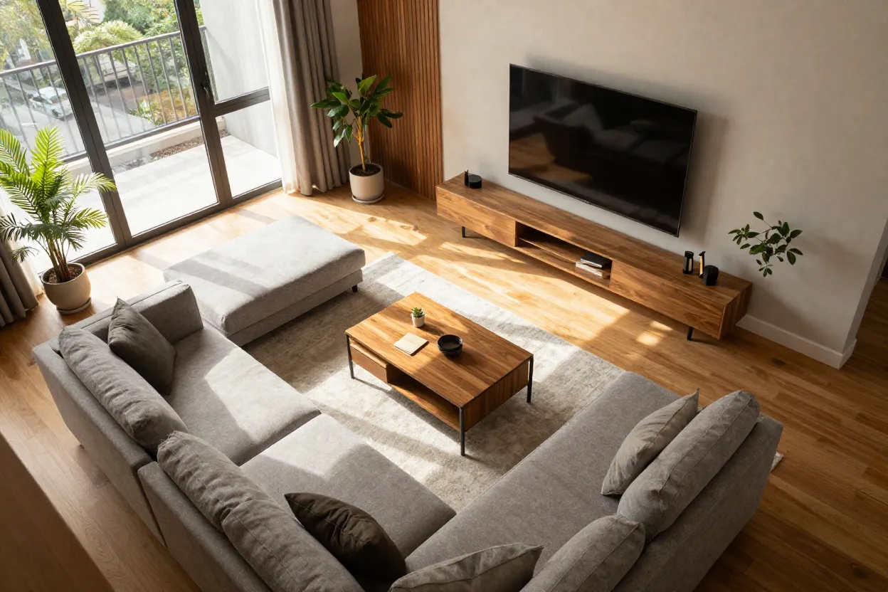 Sala de estar moderna vista de cima mostrando layout com sofá, tapete e TV