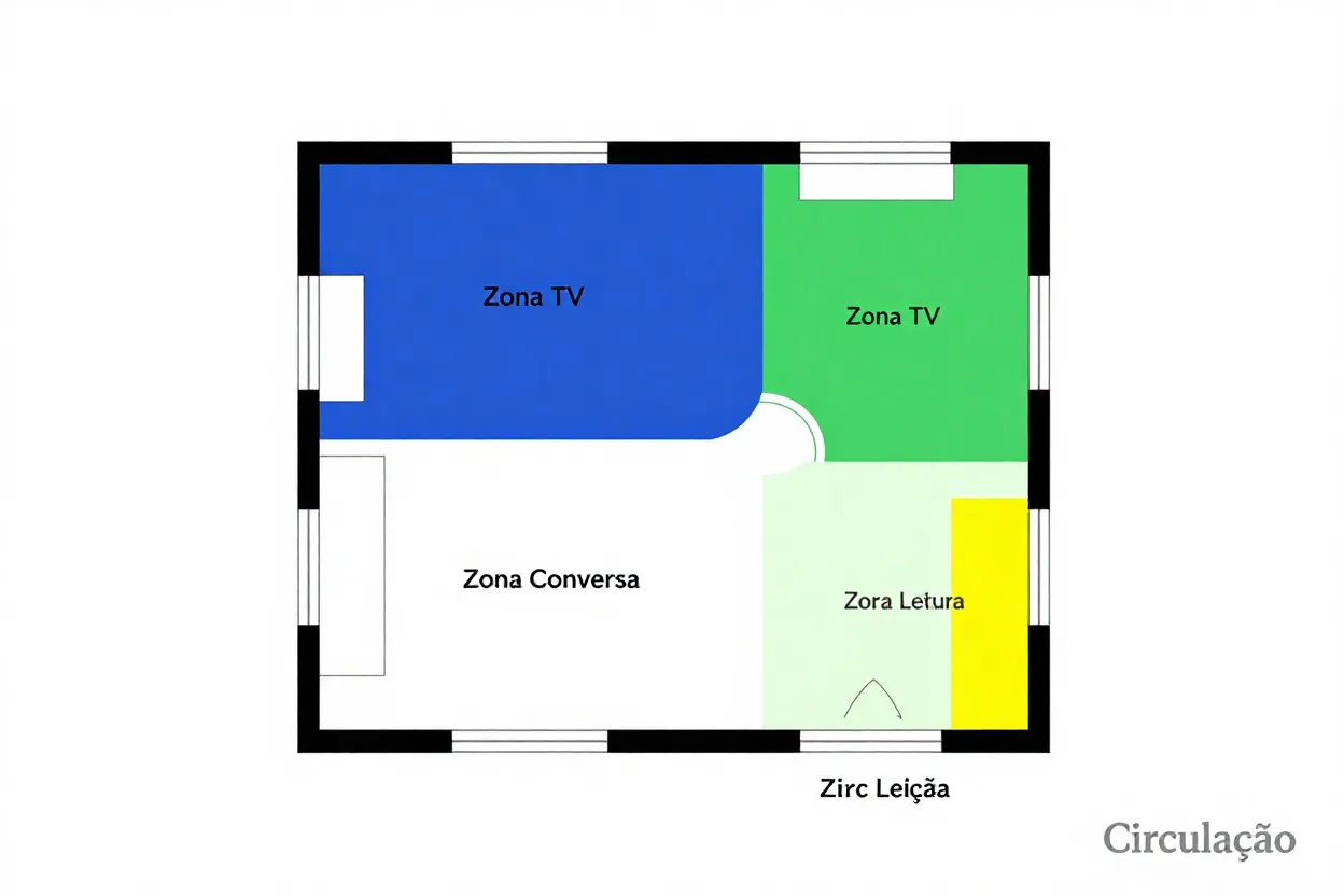 Diagrama mostrando diferentes zonas de uso em uma sala de estar multifuncional