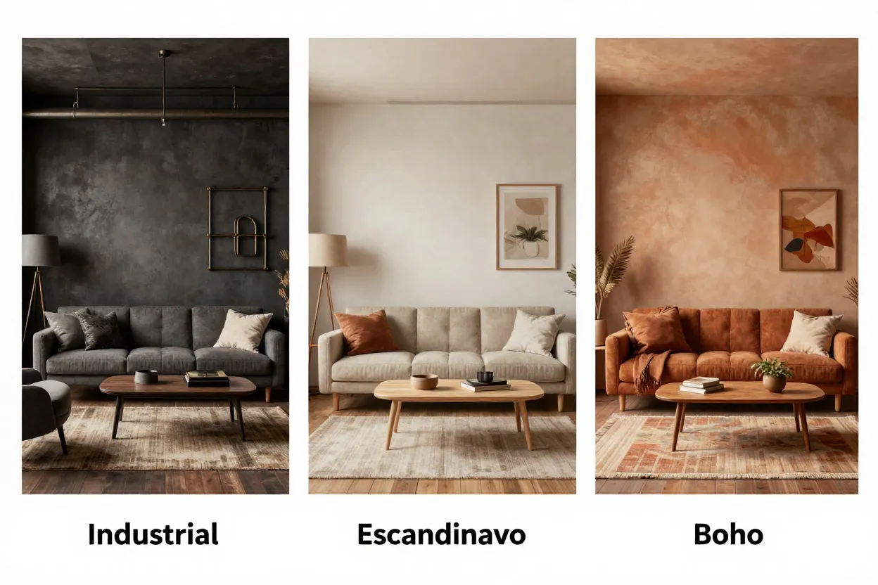 Comparativo de mesma sala renderizada em três estilos diferentes pela IA