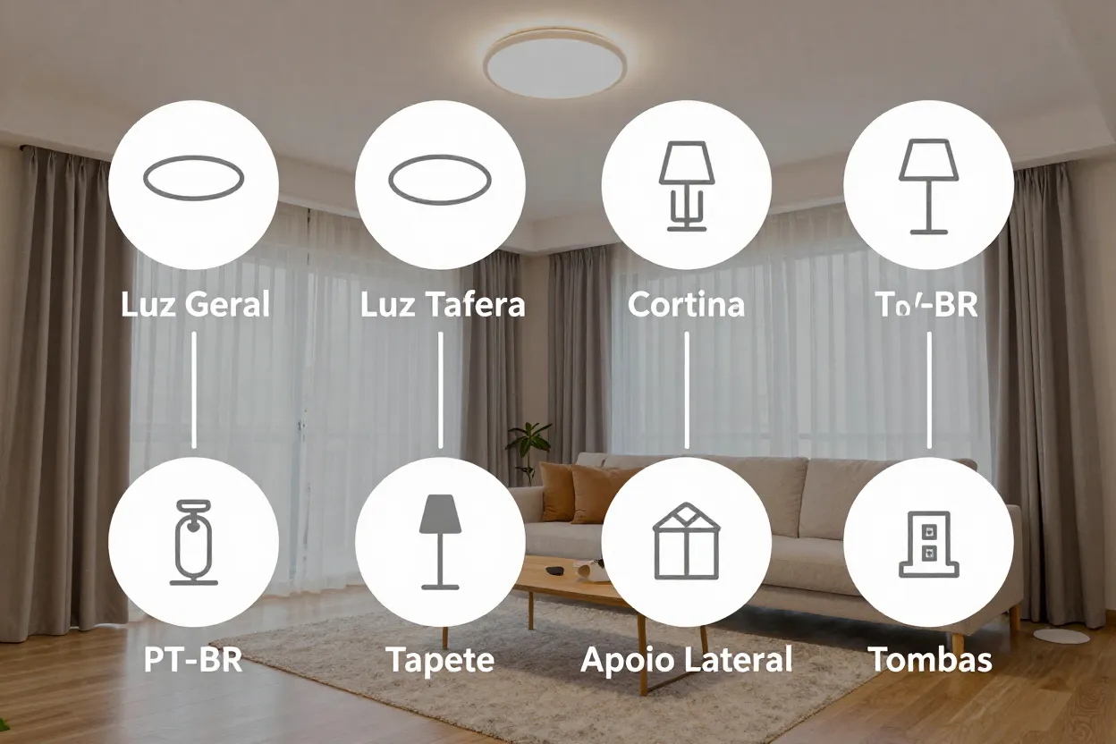 Sala de estar com elementos essenciais identificados por ícones e setas