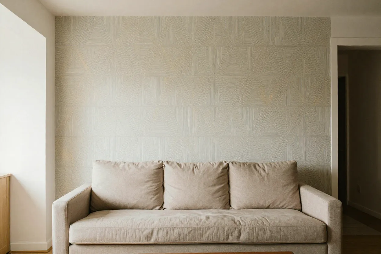 Sala de estar com papel de parede geométrico em tons neutros como parede de destaque