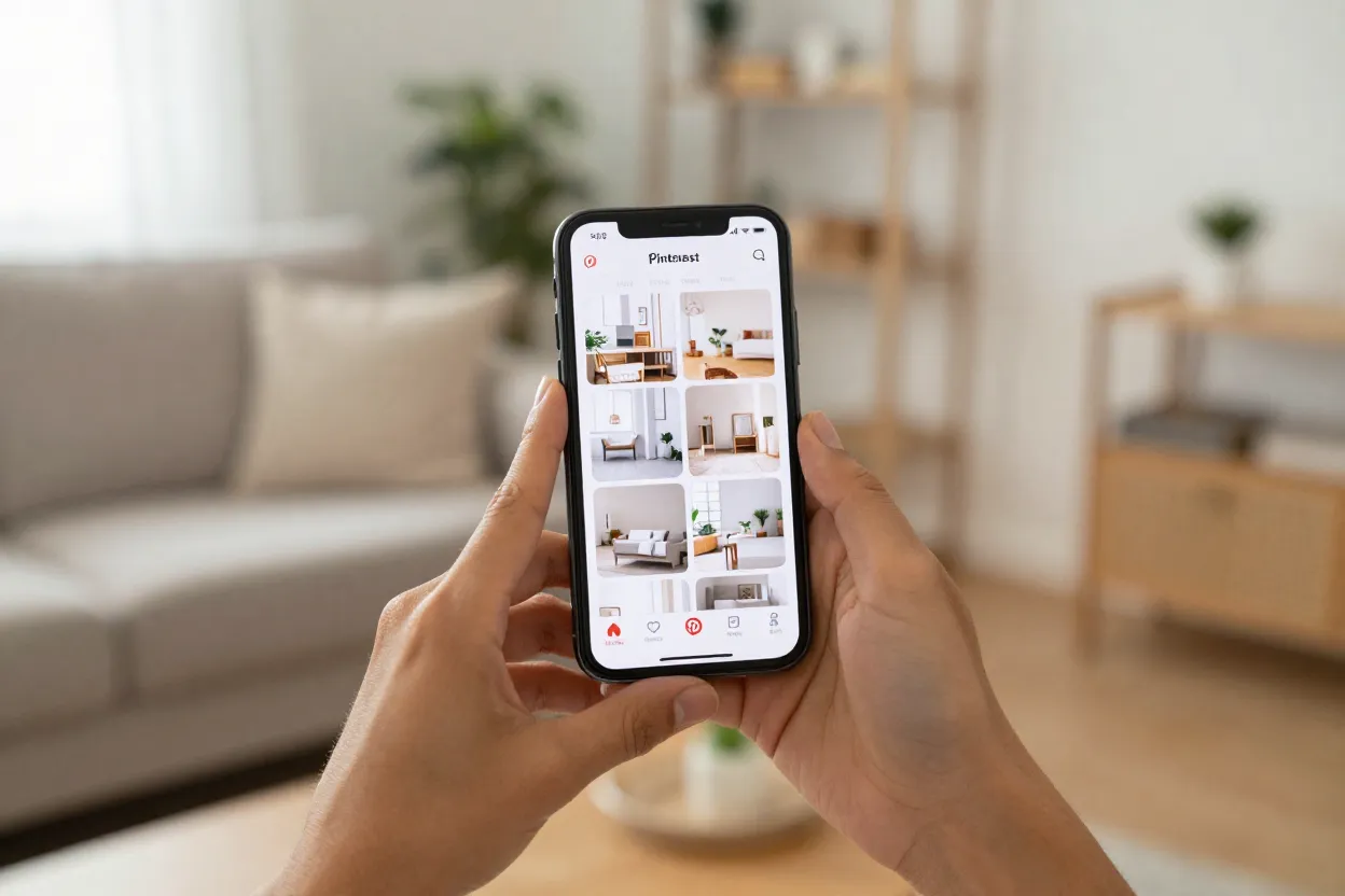 Mãos segurando smartphone com app Pinterest aberto mostrando pins de decoração