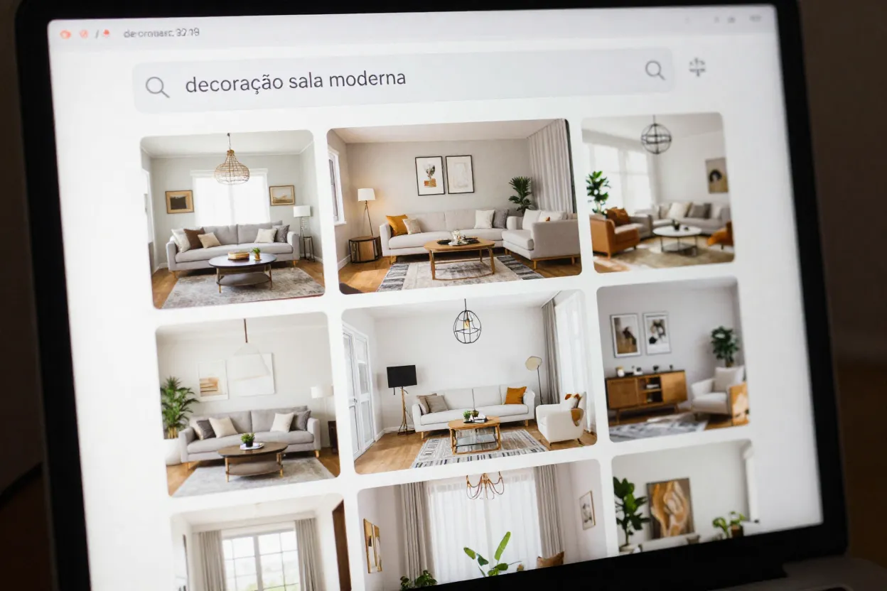Interface do Pinterest mostrando busca por decoração de sala com resultados organizados