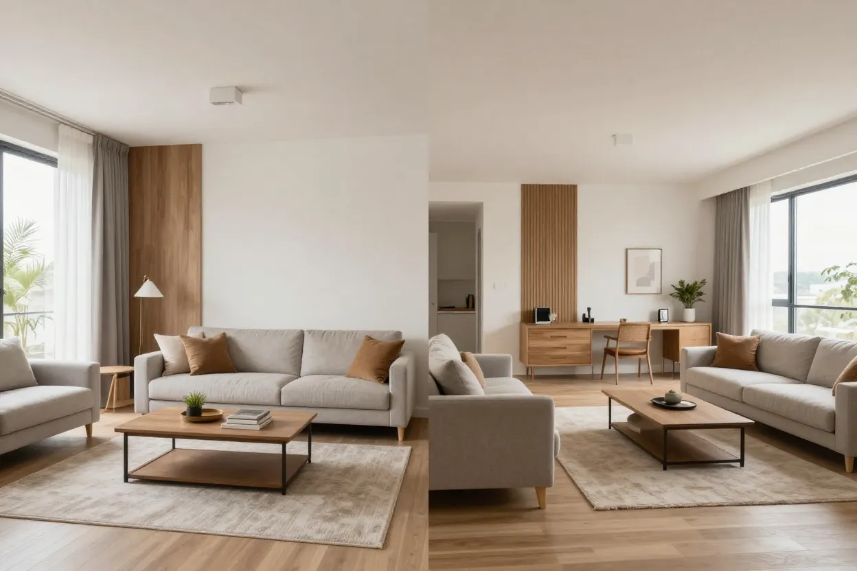 Comparativo lado a lado de inspiração Pinterest e simulação de decoração com IA no mesmo ambiente