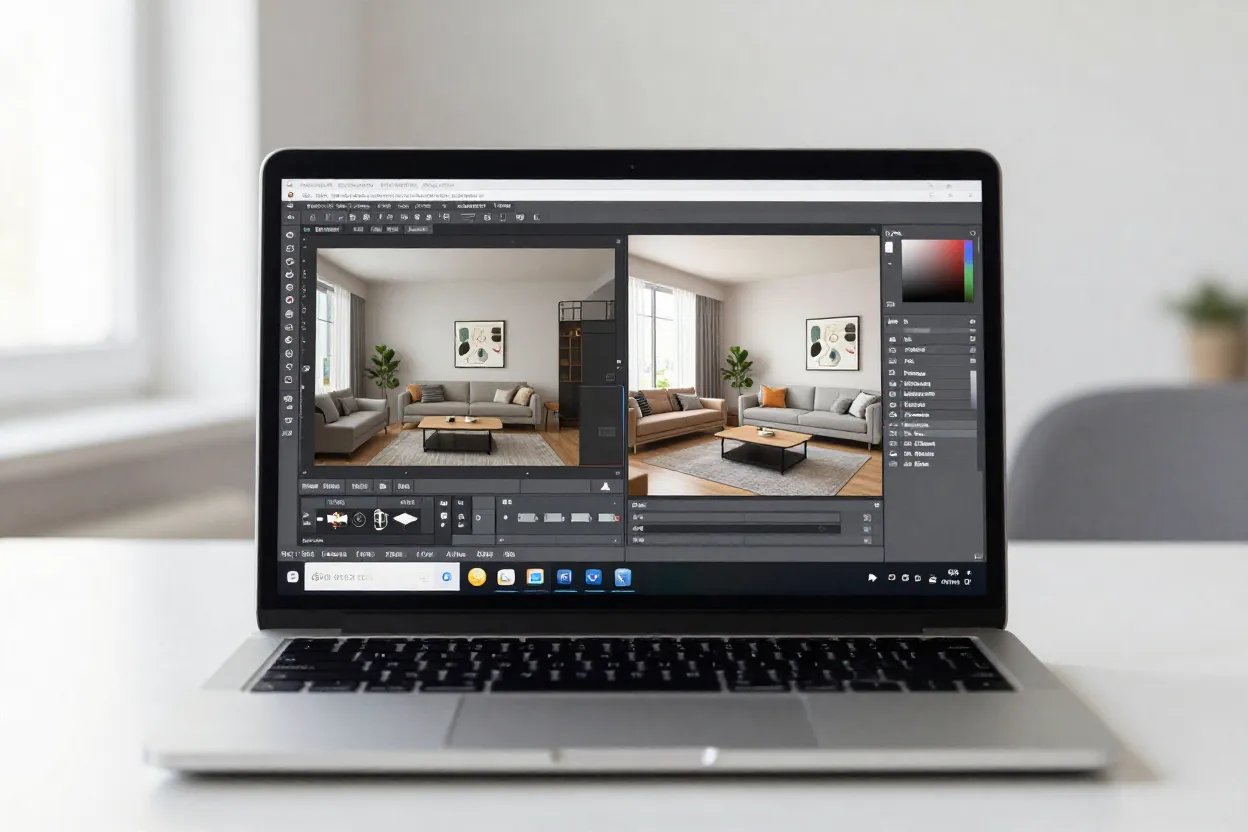 Tela dividida mostrando interfaces de apps de decoração 3D com projeto de sala moderna