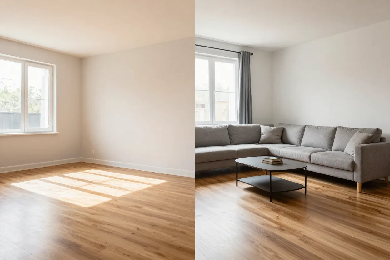 Antes e depois de sala vazia transformada com staging virtual por IA
