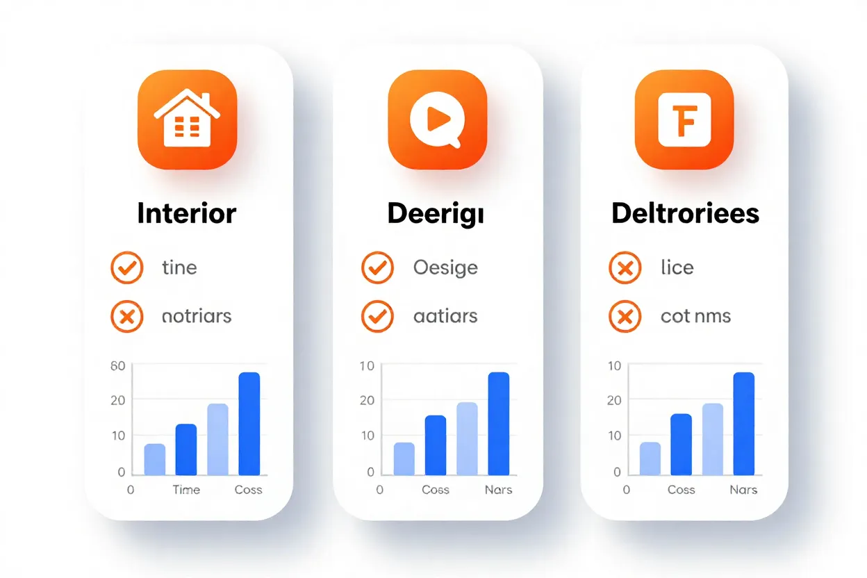 Infográfico comparativo de três apps de decoração com ícones e métricas