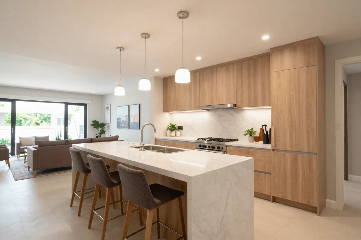 Cozinha americana integrada à sala de estar com bancada e banquetas em apartamento moderno