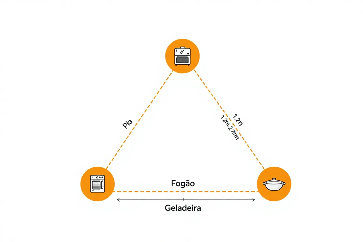 Diagrama do triângulo de trabalho na cozinha mostrando distâncias ideais entre pia fogão e geladeira