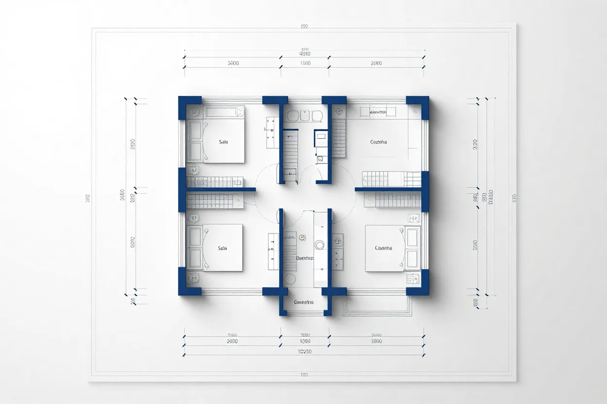 Planta baixa humanizada de casa com 3 quartos em terreno 10x20 metros com distribuição otimizada