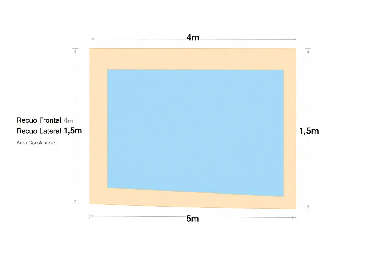 Diagrama mostrando dimensões de terreno 10x20 com recuos obrigatórios destacados