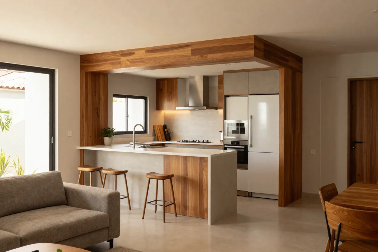 Sala de estar integrada à cozinha americana em casa compacta com bancada divisória