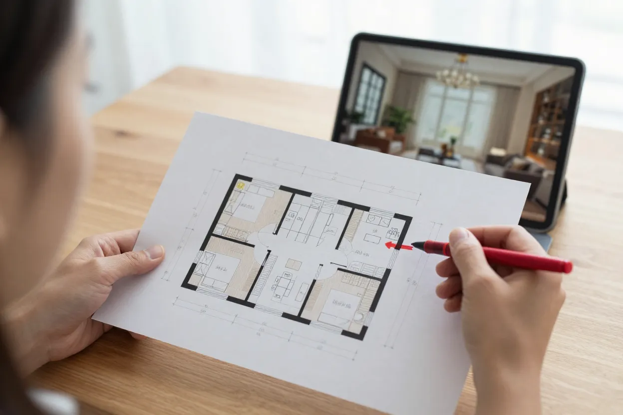 Mãos segurando planta baixa impressa com caneta marcando medidas e tablet ao fundo com render decorado