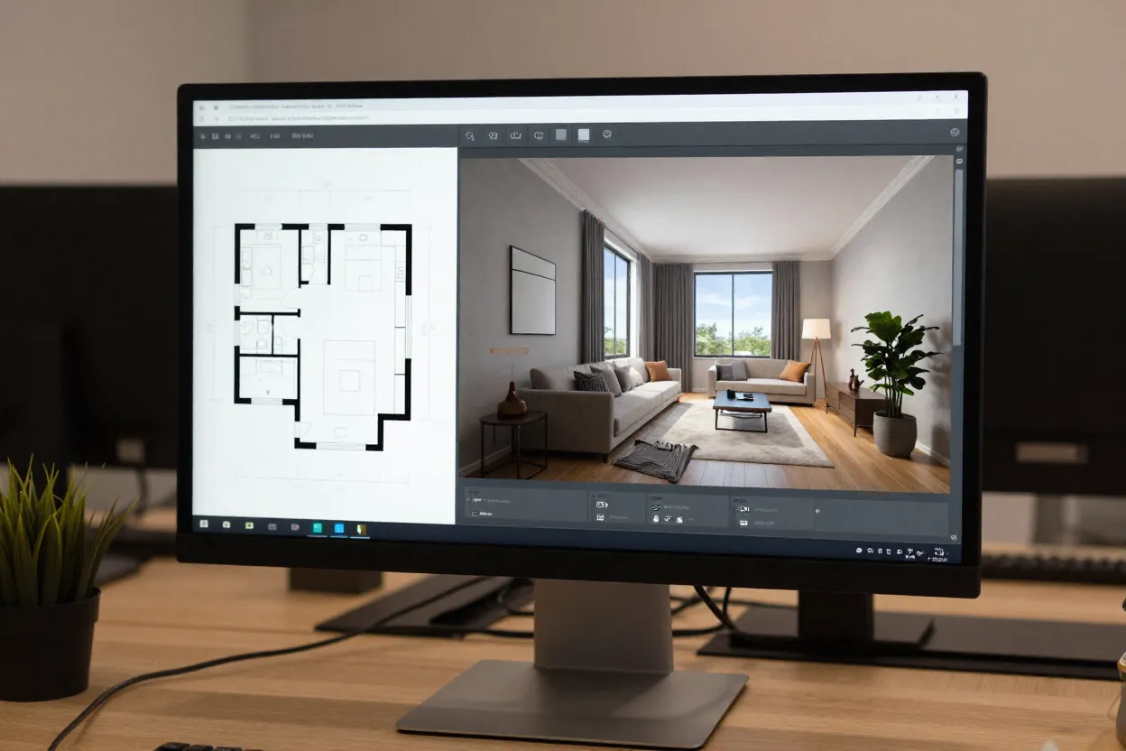 Tela de computador mostrando planta baixa ao lado de render 3D do mesmo ambiente