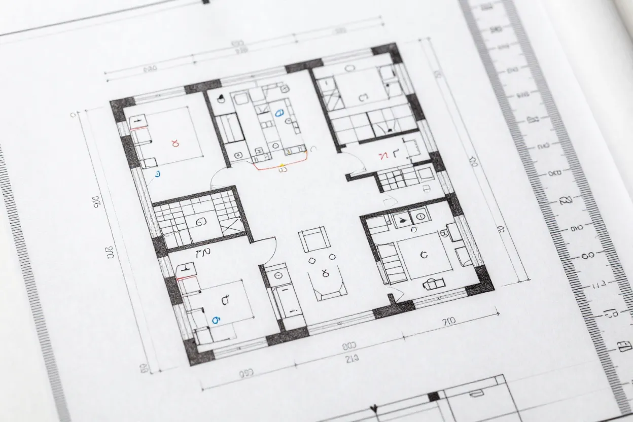 Planta baixa arquitetônica com símbolos técnicos destacados e régua de escala