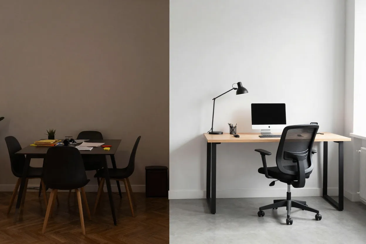 Comparativo de home office improvisado versus planejado mostrando diferenças de ergonomia