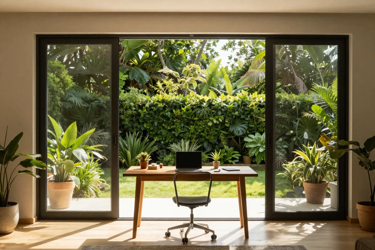 Home office com vista para jardim interno e portas de vidro abertas
