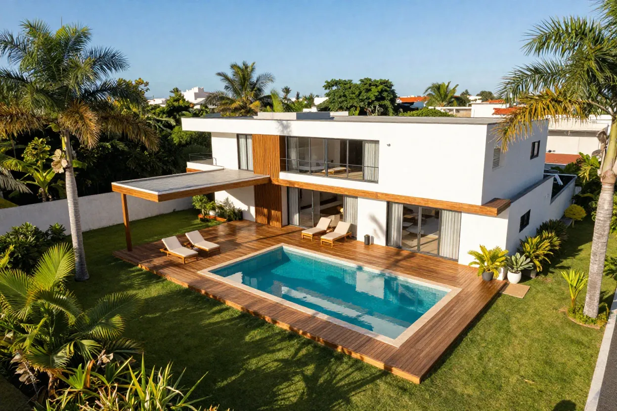 Casa térrea moderna com piscina retangular no quintal e deck de madeira