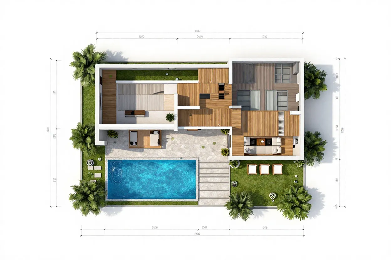 Planta baixa arquitetônica mostrando posicionamento estratégico da piscina