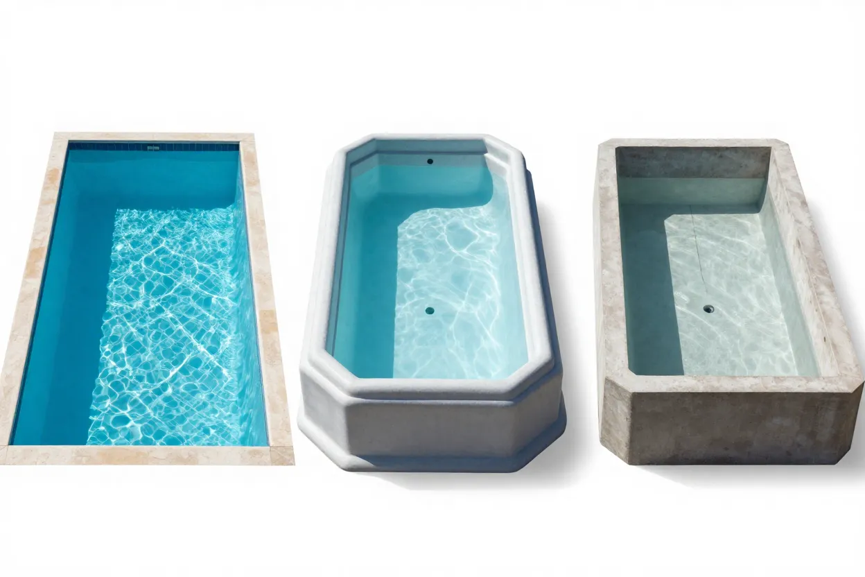 Comparativo visual entre piscinas de vinil, fibra e alvenaria