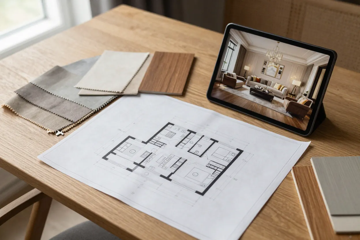 Planta baixa arquitetônica sobre mesa com amostras de materiais e tablet mostrando render de sala decorada