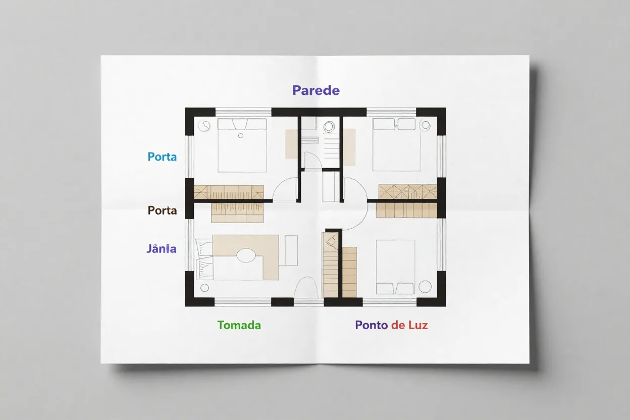 Planta baixa com legendas identificando paredes, portas, janelas e pontos elétricos