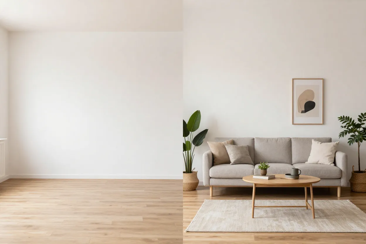 Comparativo lado a lado de sala vazia e mesma sala decorada por inteligência artificial