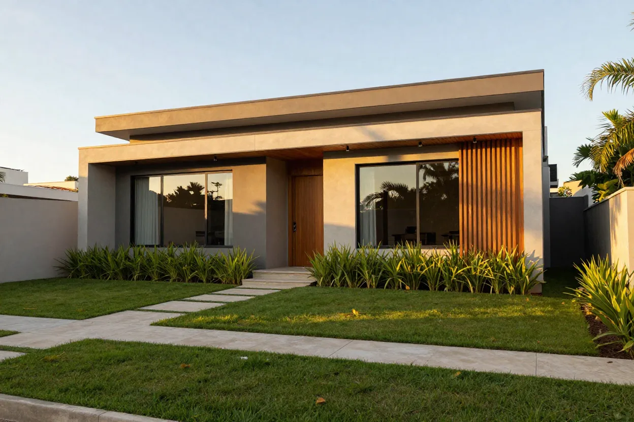 Casa térrea moderna com fachada contemporânea, platibanda e jardim frontal em terreno amplo