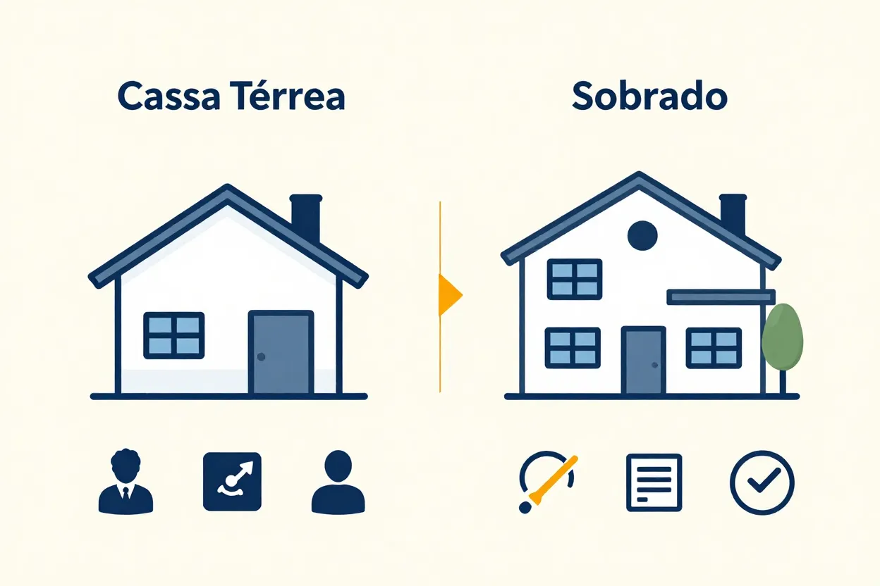 Infográfico comparando custos e benefícios entre casa térrea e sobrado