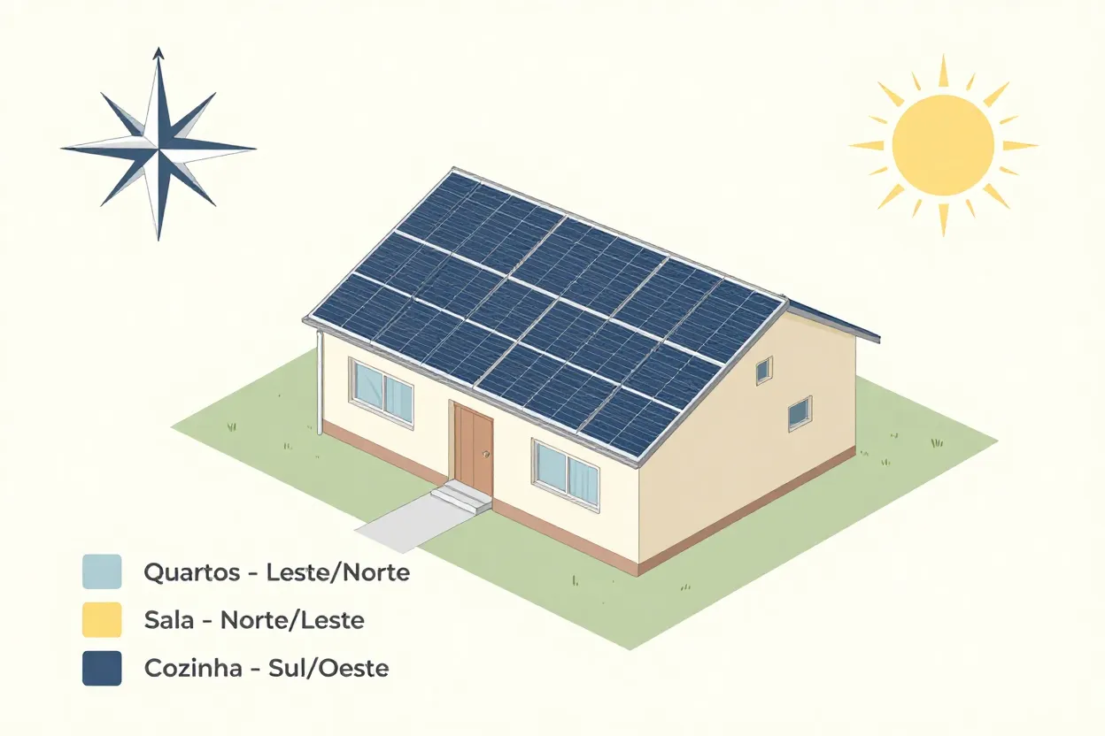 Diagrama de orientação solar ideal para diferentes cômodos de uma casa térrea