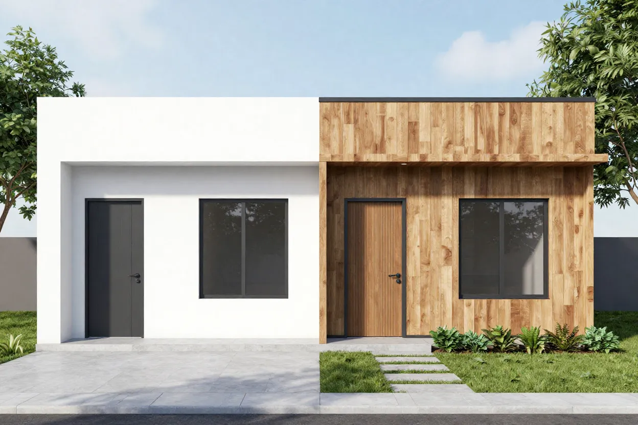 Comparativo antes e depois de fachada de casa térrea simples com melhorias de baixo custo