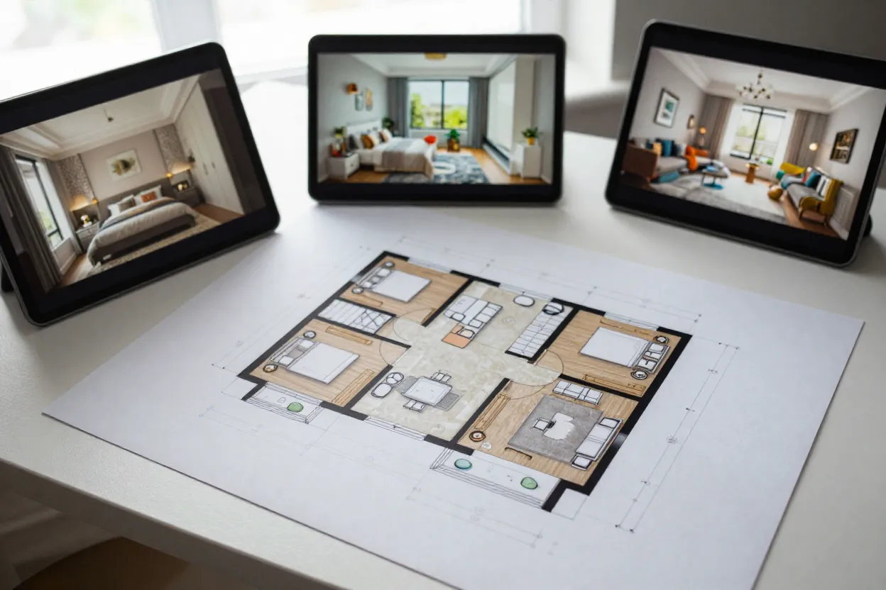 Planta baixa de casa com três quartos ao lado de renders decorados dos ambientes