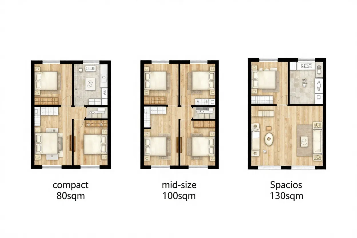 Três modelos diferentes de planta baixa para casas com três quartos