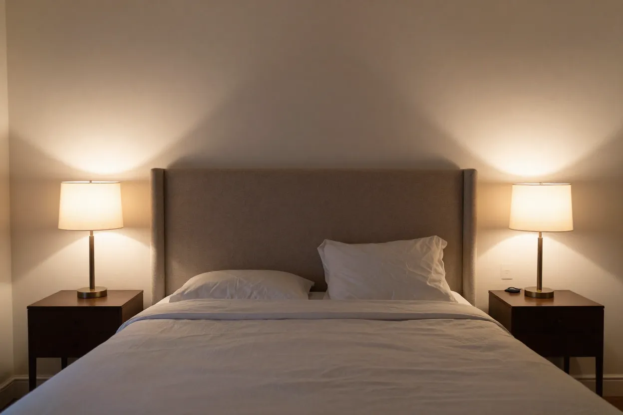 Quarto de casal decorado em estilo moderno com cabeceira estofada e iluminação aconchegante