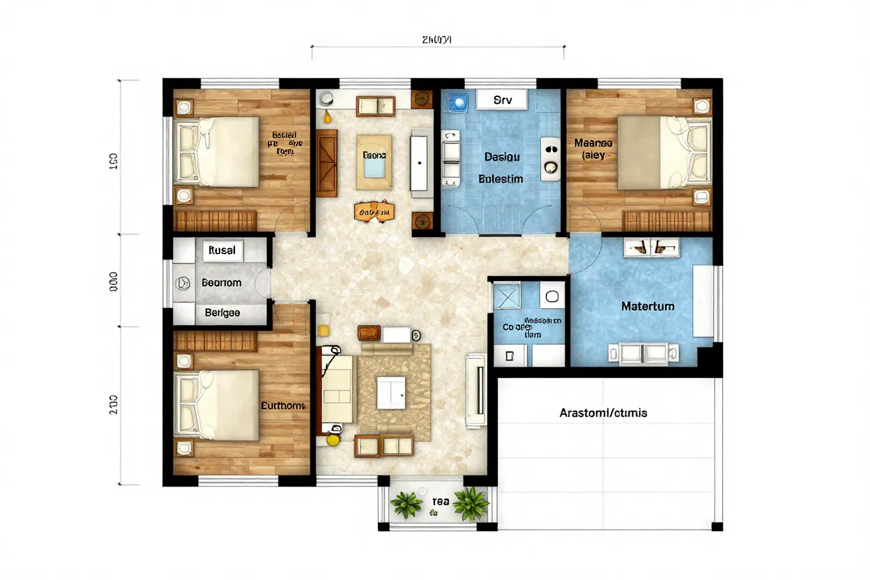 Planta baixa de casa com 4 quartos mostrando zoneamento íntimo e social
