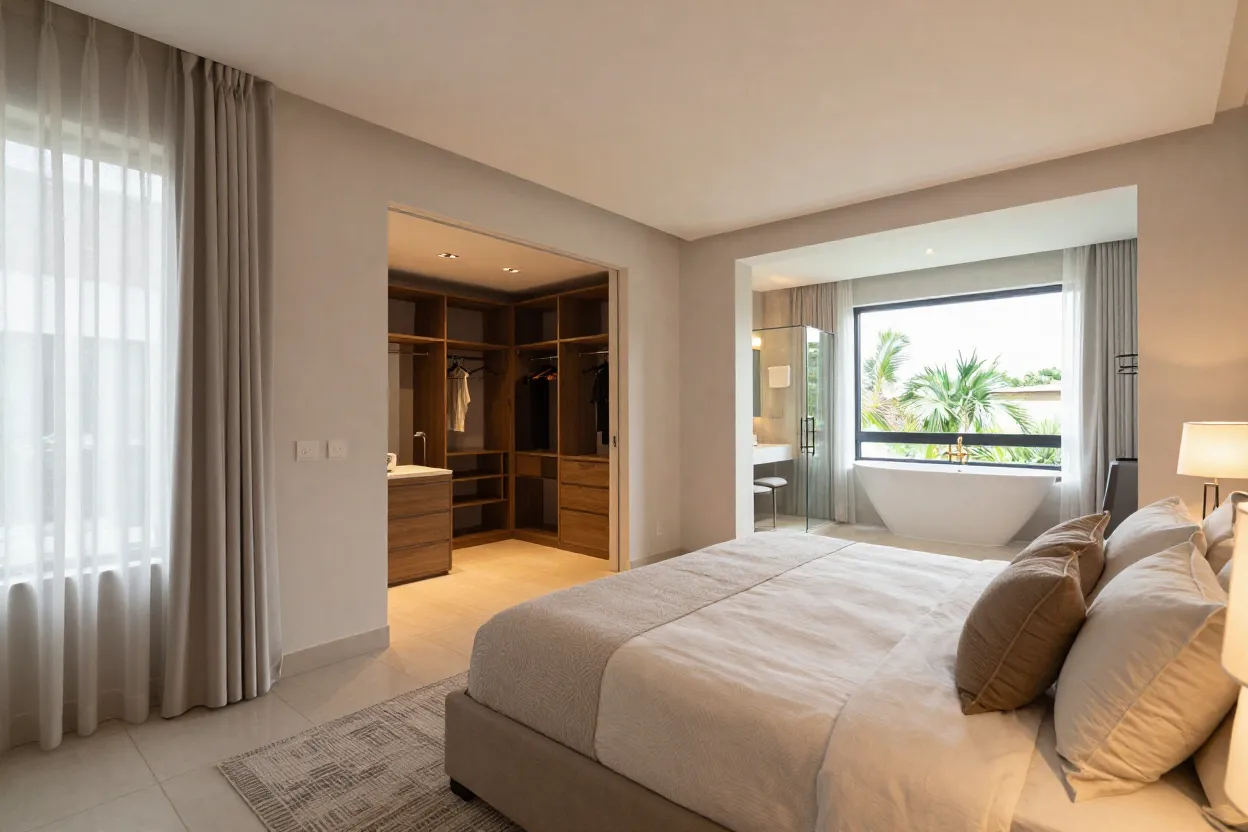 Suíte master ampla decorada com closet integrado e banheiro espaçoso