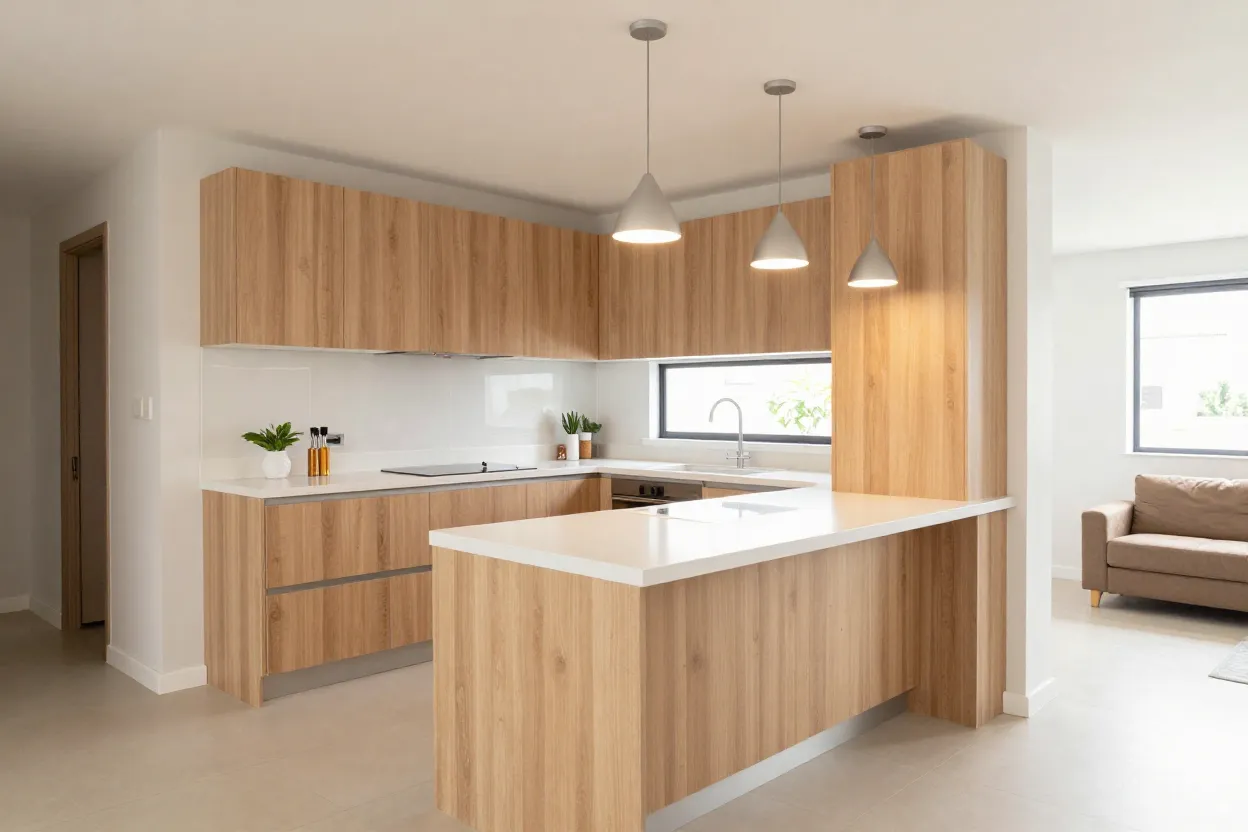 Cozinha americana integrada à sala em casa compacta com bancada divisória