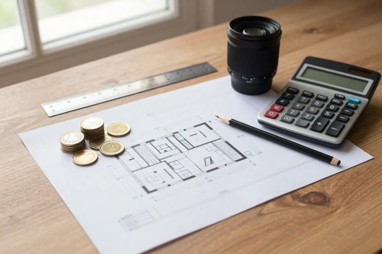 Calculadora sobre planta de casa com moedas empilhadas representando economia na construção