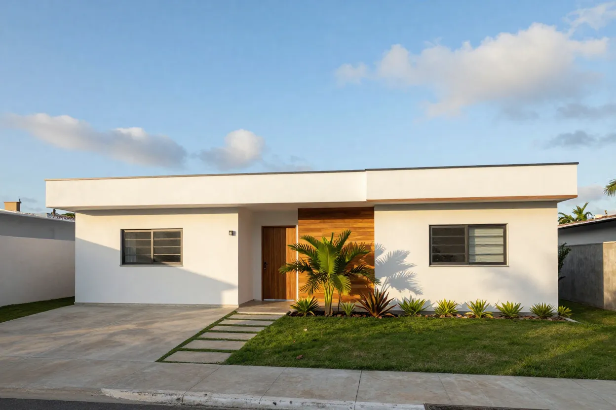 Casa simples térrea com fachada moderna e jardim frontal em estilo brasileiro