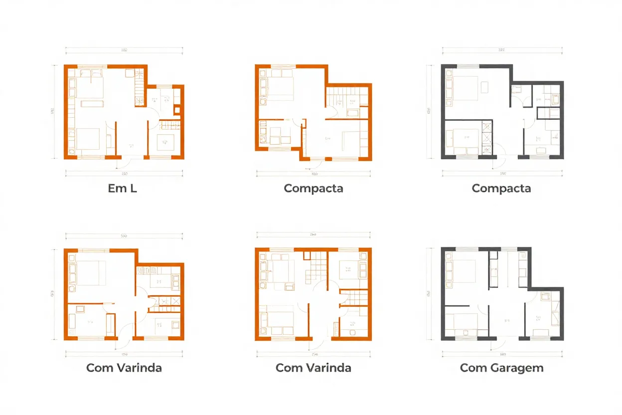 Diagrama mostrando cinco modelos de planta de casa simples com diferentes configurações