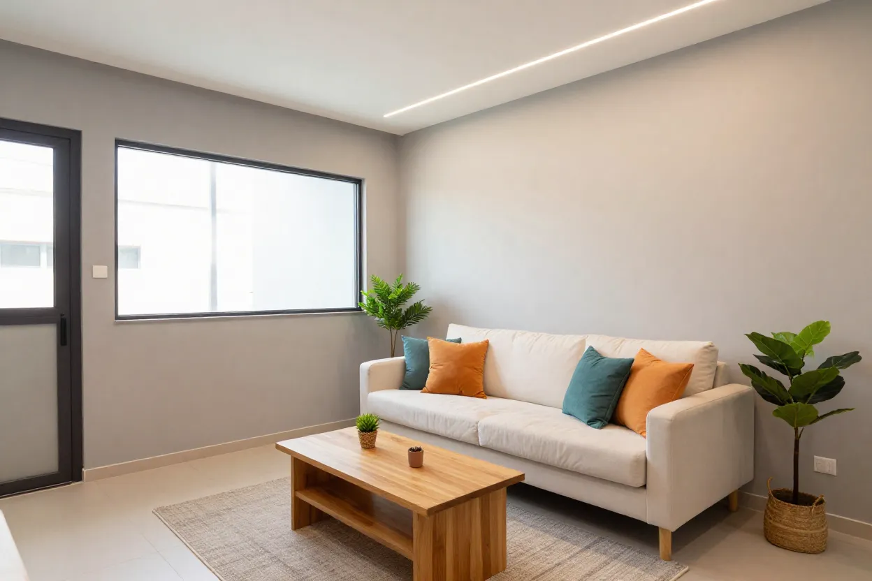 Sala de estar de casa simples decorada com estilo moderno e cores claras