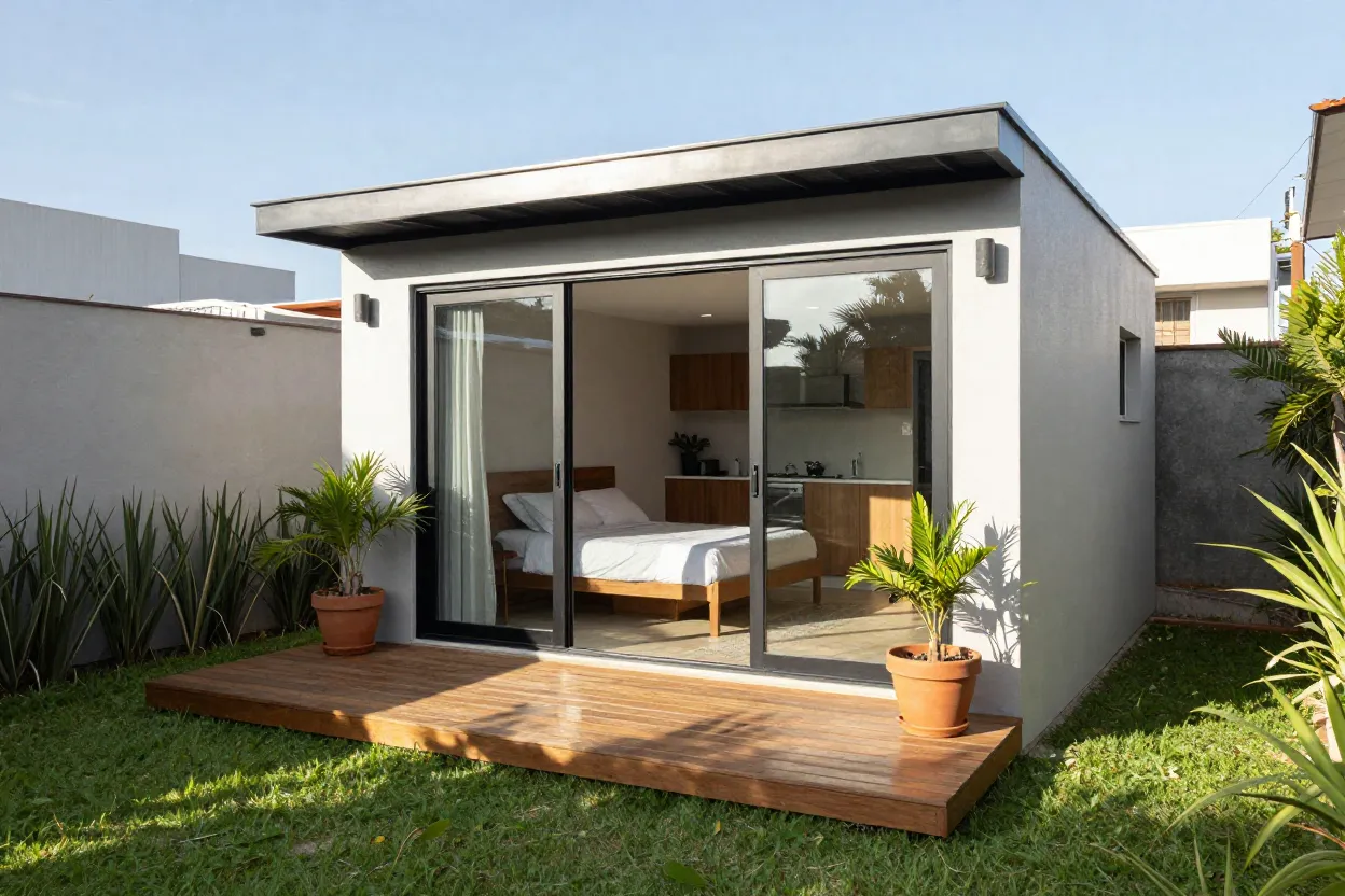 Edícula moderna no fundo do quintal com porta de vidro e jardim