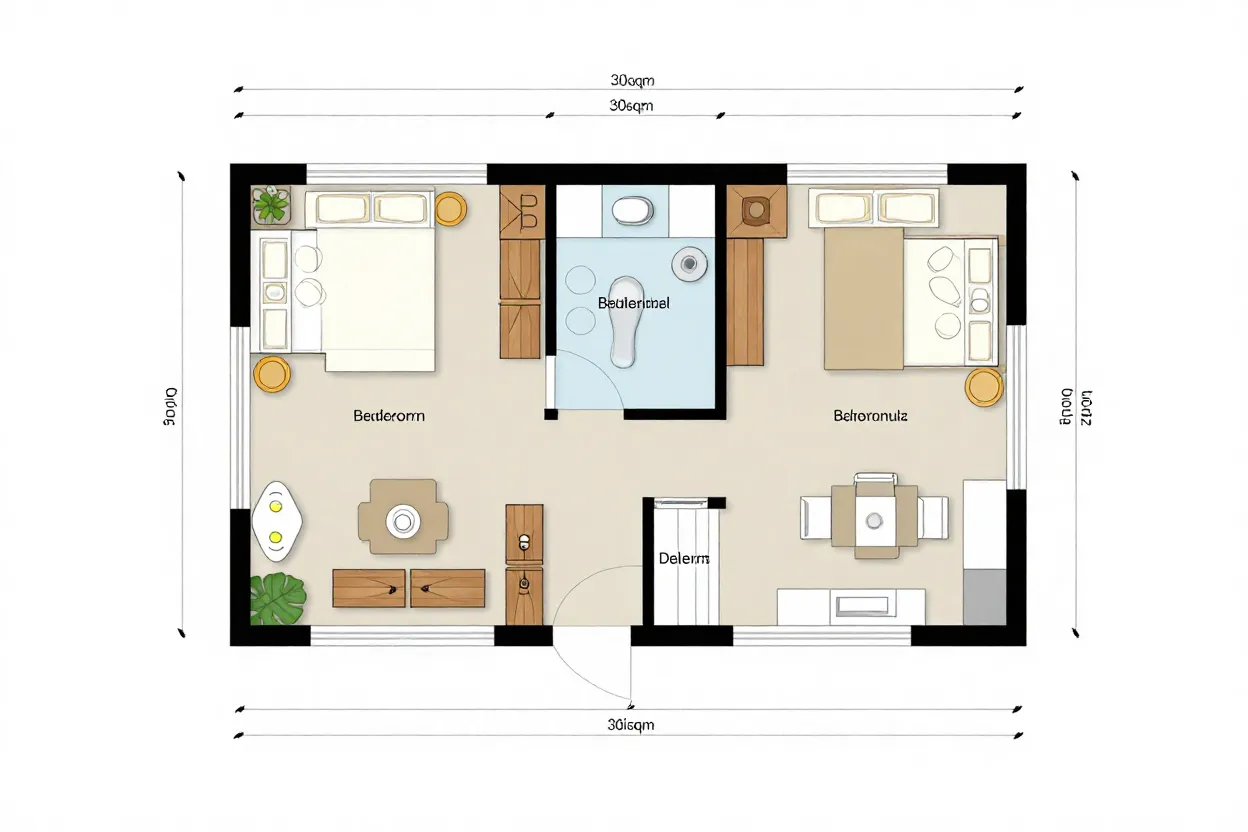 Planta baixa de edícula 30m² com suíte, banheiro e mini cozinha