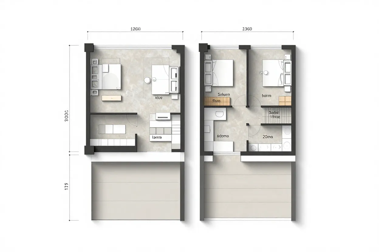 Planta baixa de sobrado para terreno estreito mostrando distribuição de ambientes nos dois pavimentos