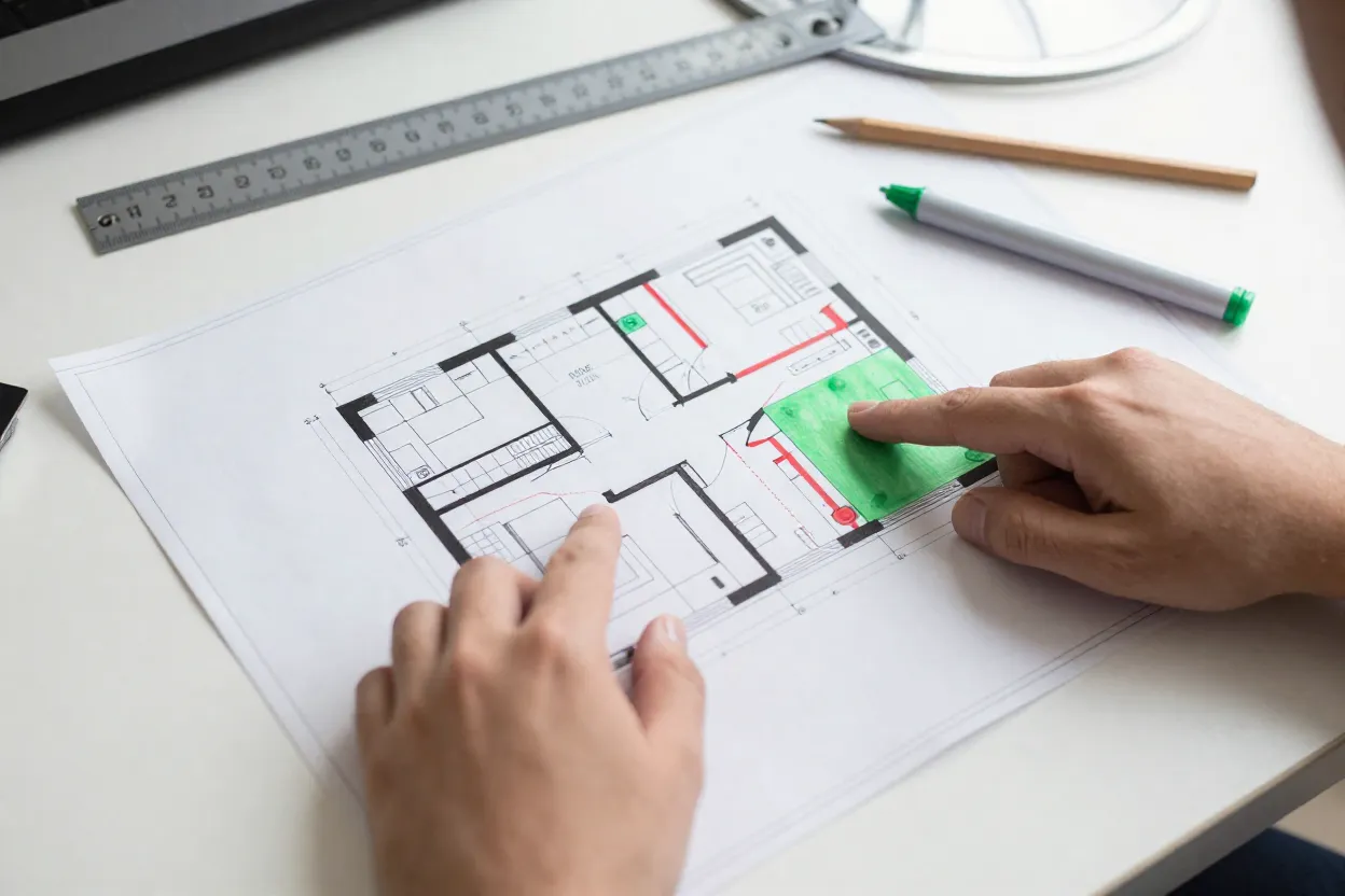 Planta arquitetônica com marcações de áreas que podem ser adaptadas sem novo projeto
