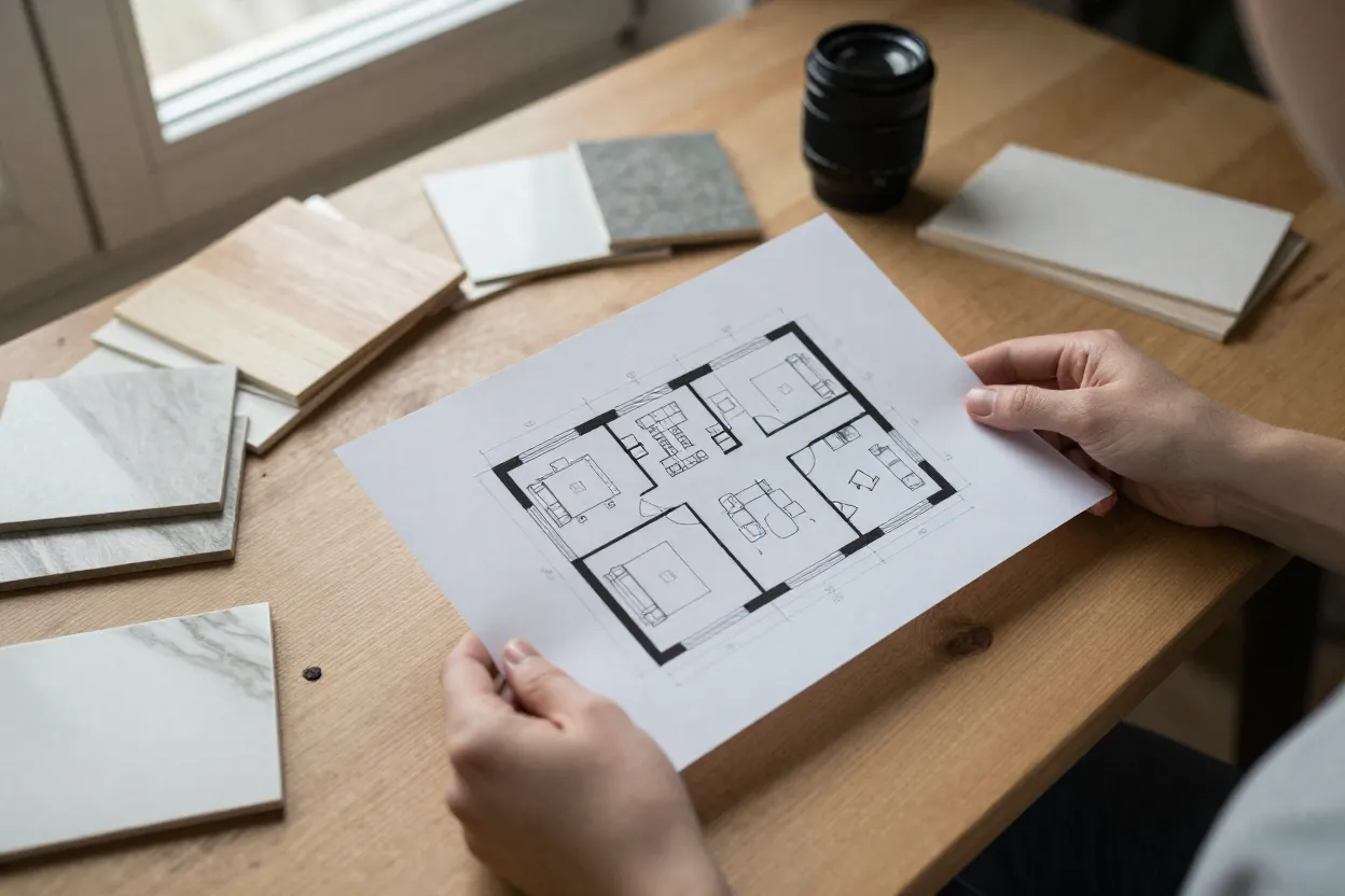Pessoa analisando planta de casa impressa sobre mesa com amostras de materiais ao lado