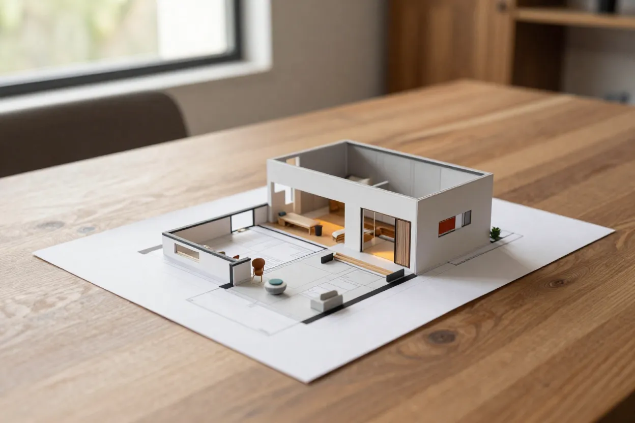 Planta baixa de casa térrea com ambientes decorados e móveis posicionados em render fotorrealista