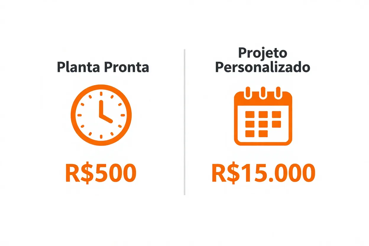 Comparativo visual entre planta pronta e projeto personalizado mostrando diferenças de custo e tempo