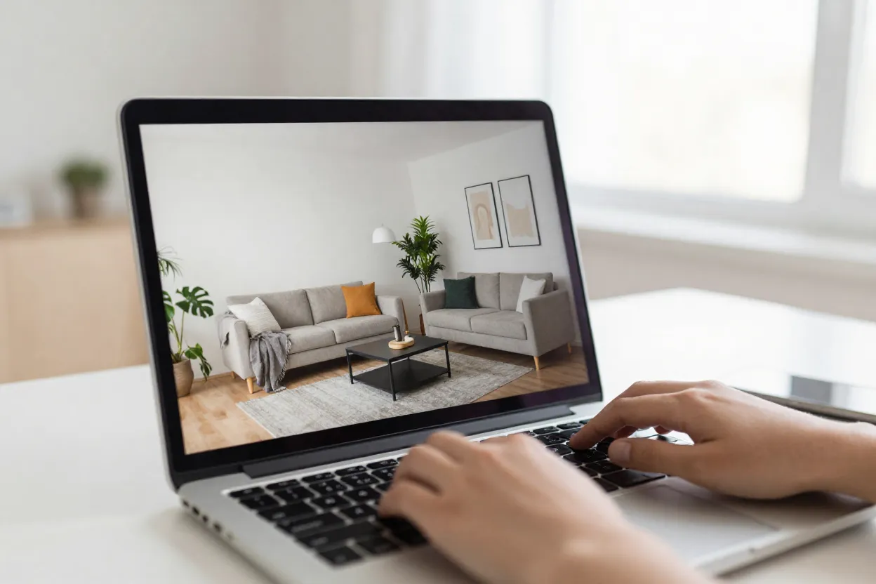 Tela de computador mostrando simulação de decoração com IA em ambiente de sala de estar